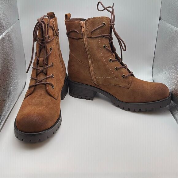 Dunes Women's Zip Up Heeled Combat Boots โโLace-Up with Side Zipper SIZE 9 TAN - Picture 6 of 7